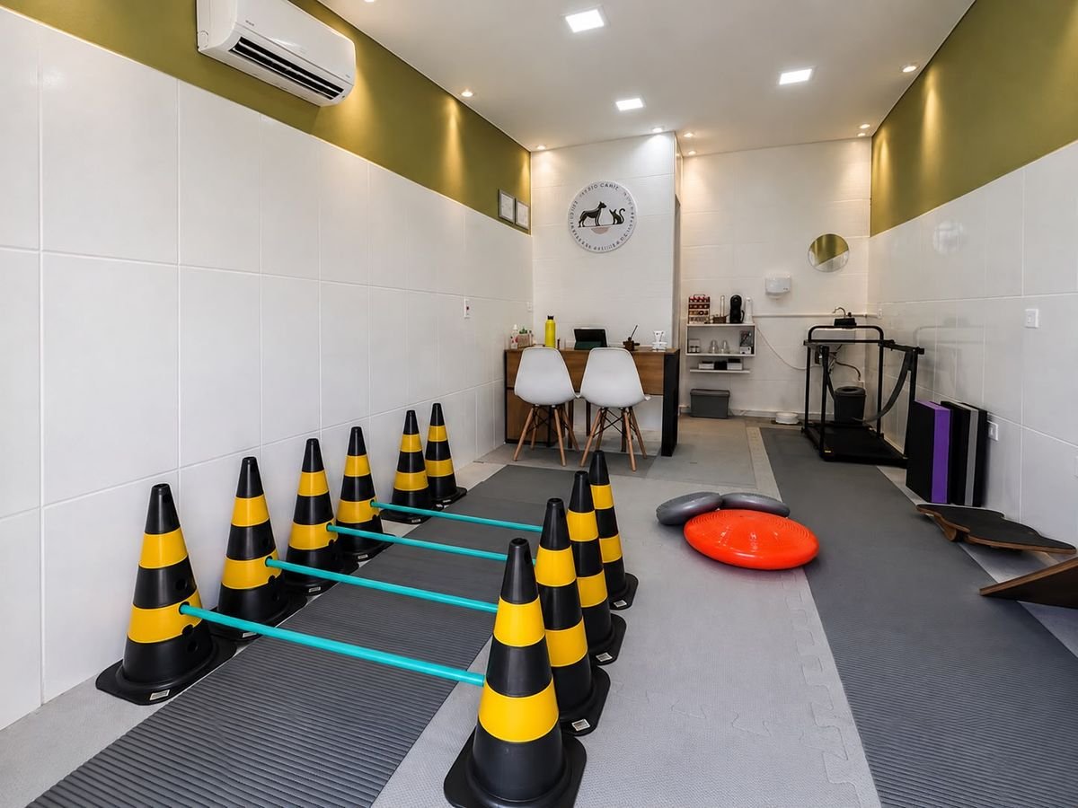 Sala de reabilitação com circuito de cones e cavaletes