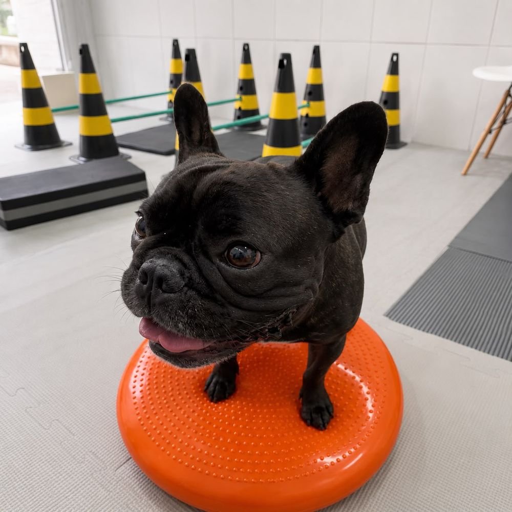 Buldogue francês em treino de equilíbrio